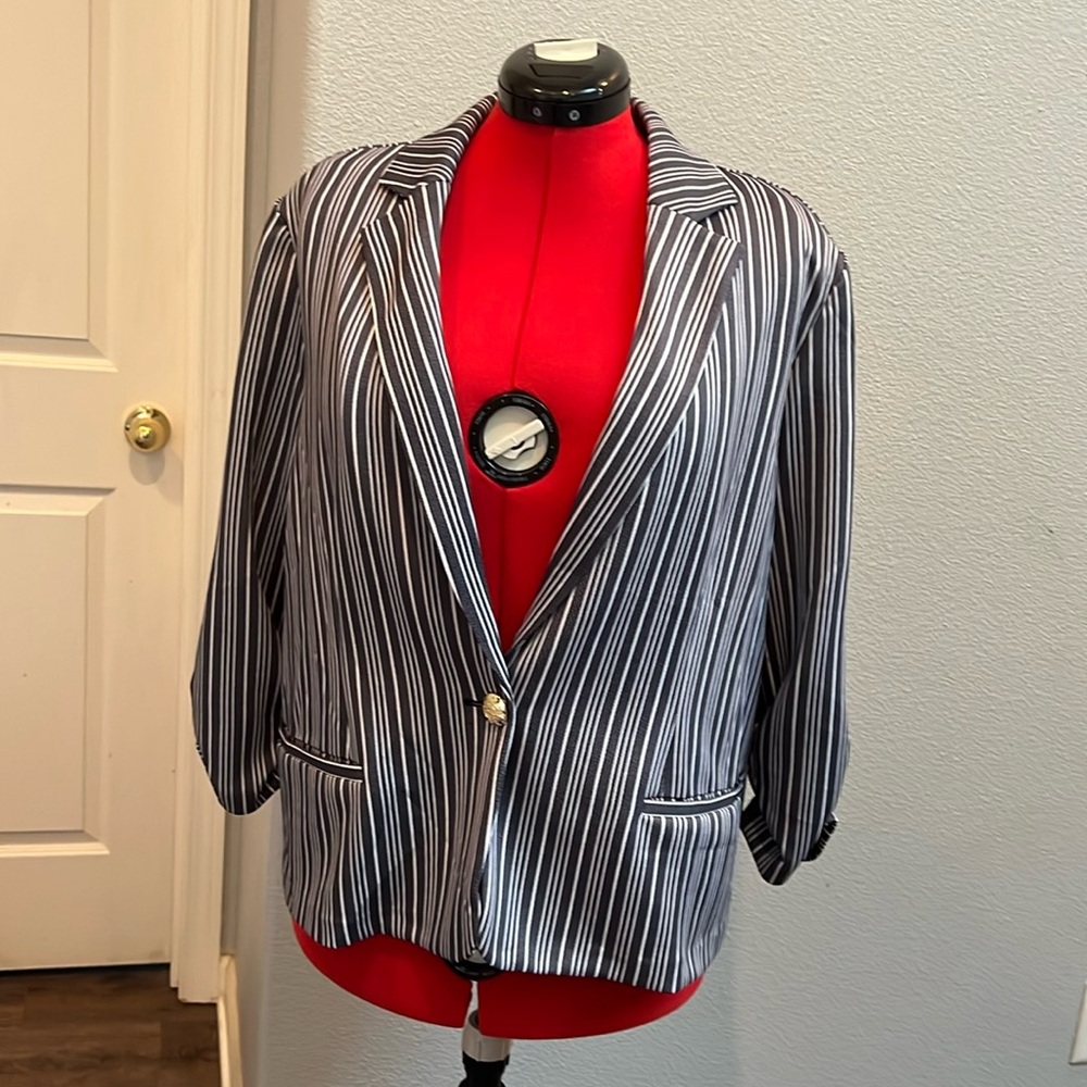 Blue and white striped blazer.  Great with jeans.  Size XL.